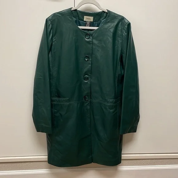 Neimann Marcus Basic Women’s Long Leather Coat, Pine Green Size XL - Picture 2 of 15